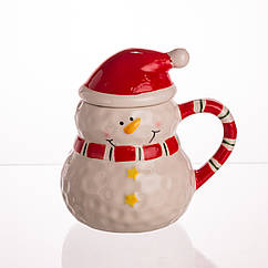 Новорічна порцелянова чашка з кришкою для чаю та кави 400 (мл) Сніговик дитяча чашка на подарунок на новий рік CR-1-34