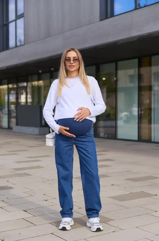 Джинси для вагітних баггі прямого крою для майбутніх мам з регулюванням животика Kestel S (42) Lullababe синій, фото 1