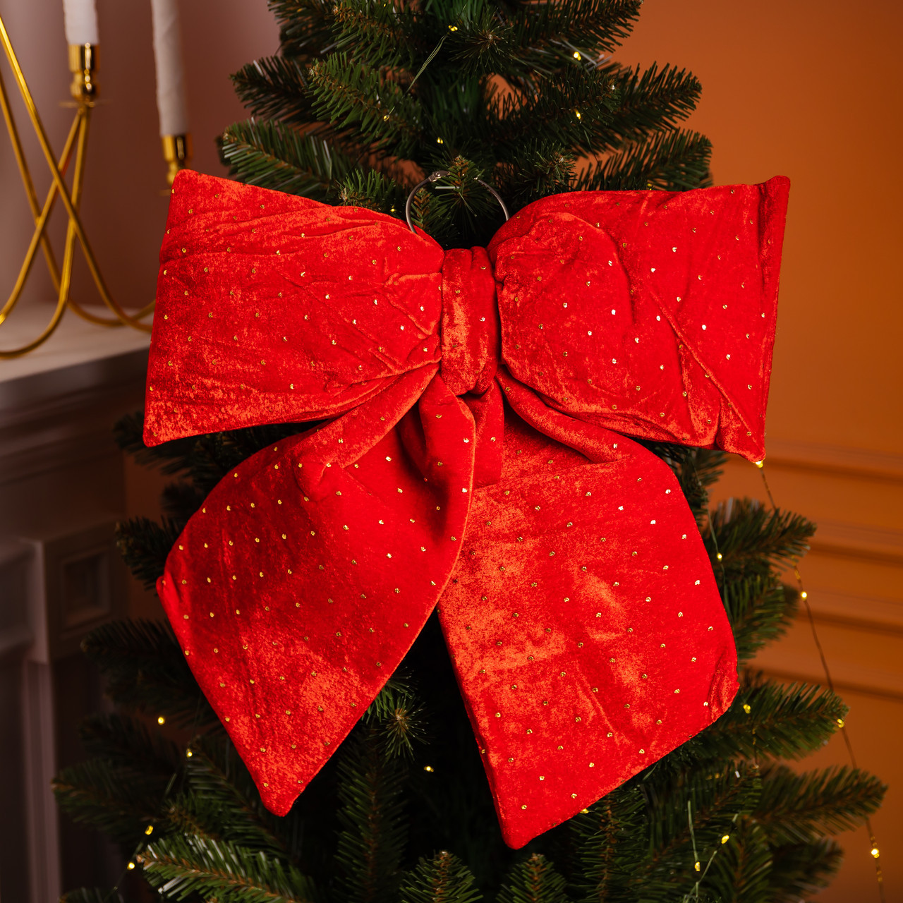 Оксамитовий бант для декору зі стразами на ялинку 45×50 (см) Червоний CR-2-6, фото 1
