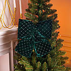 Оксамитовий бант для декору зі стразами та візерунком на ялинку 35×45 (см) Зелений CR-2-19, фото 2