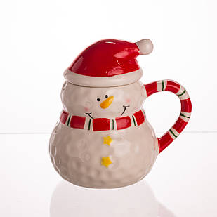 Новорічна порцелянова чашка з кришкою для чаю та кави 400 (мл) Сніговик дитяча чашка на подарунок на новий рік CR-1-34
