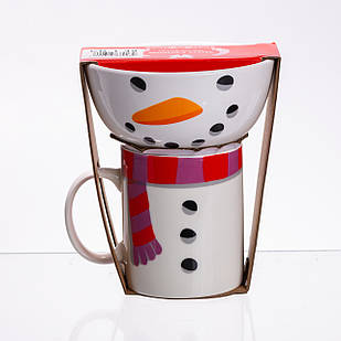 Набір порцелянова чашка з піалою Snowman 350 (мл) чашка на подарунок новорічна для чаю та кави CR-1-49