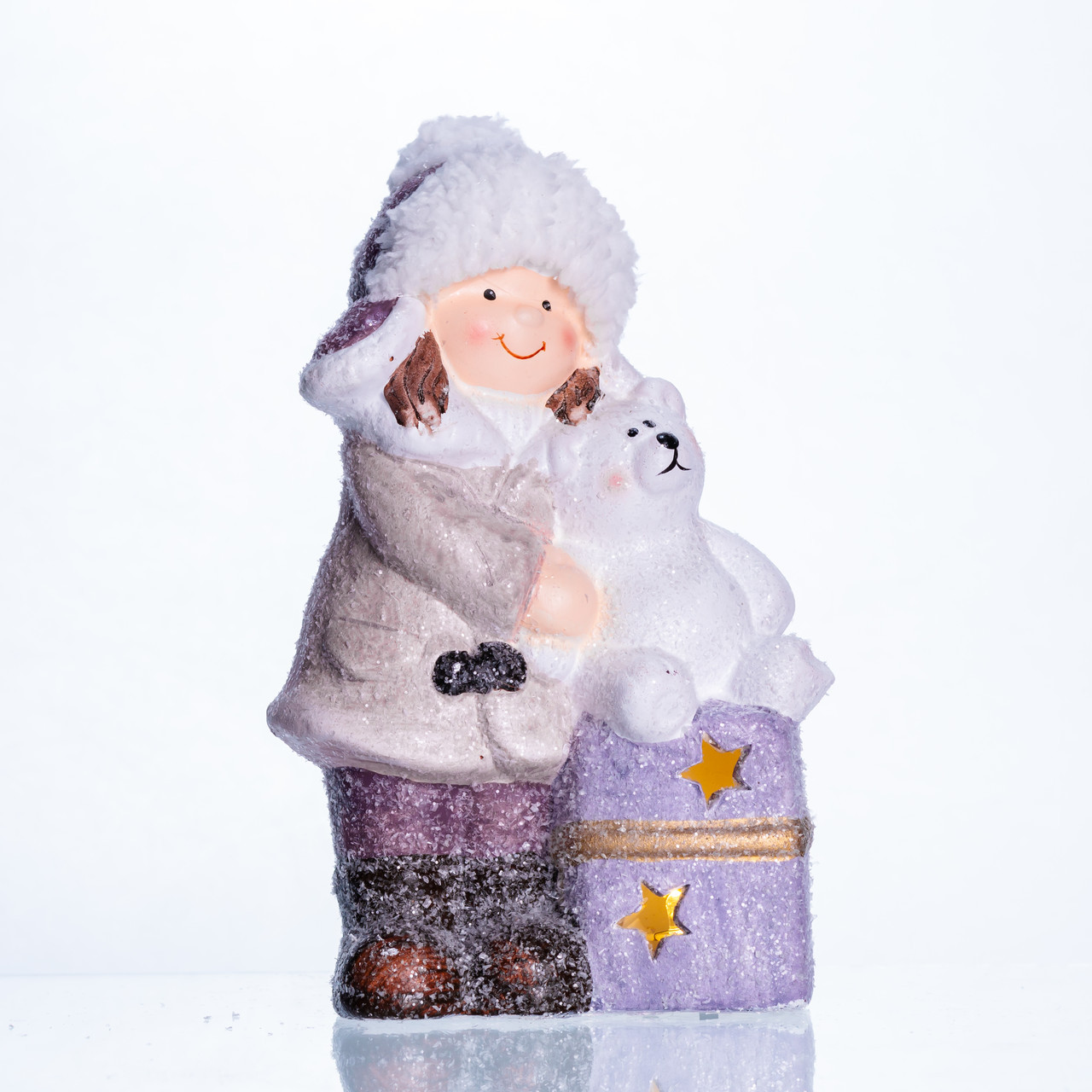 Новорічна фігурка з підсвіткою Дівчинка з ведмежам із фарфору 12×7×20 (см) новорічний декор для дому, квартири на подарунок CR-5-5, фото 1