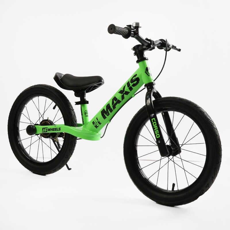 Біговел дитячий 16 дюймів CORSO MAXIS MX-70144 Зелений, ручне заднє гальмо, підніжка, дзвінок, велобіг, фото 1