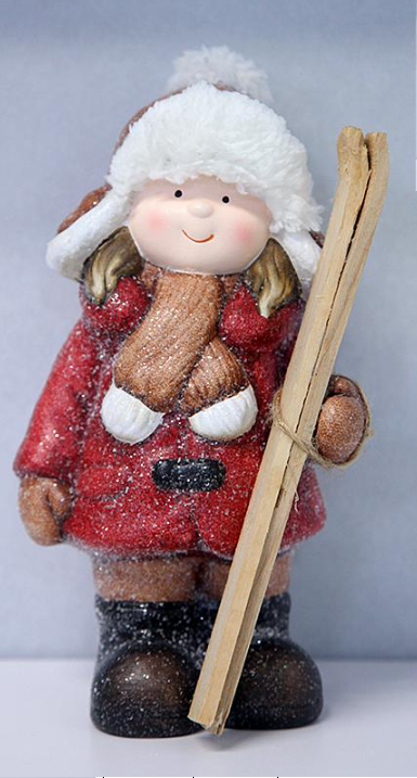 Новорічна декоративна фігурка з підсвіткою 12×11×23 см Новорічний декор Дівчинка з лижами із порцеляни CR-5-13, фото 1