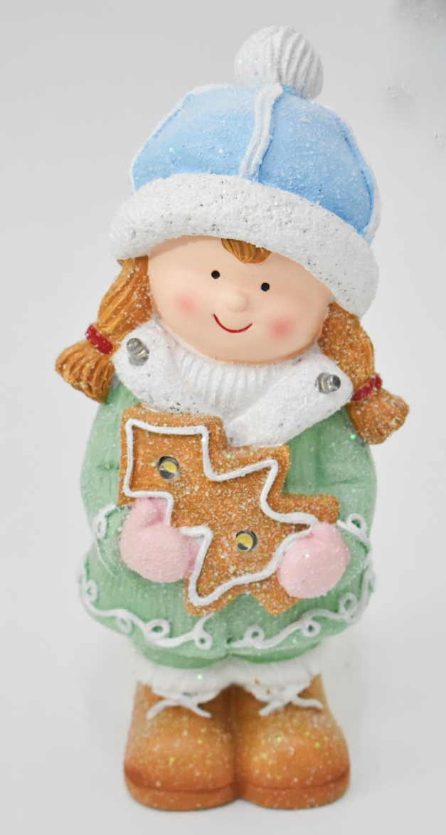 Новорічна декоративна фігурка з підсвіткою 10,5×9,5×22 см Новорічний декор Дівчинка з пряниковим будиночком із порцеляни CR-6-2, фото 1