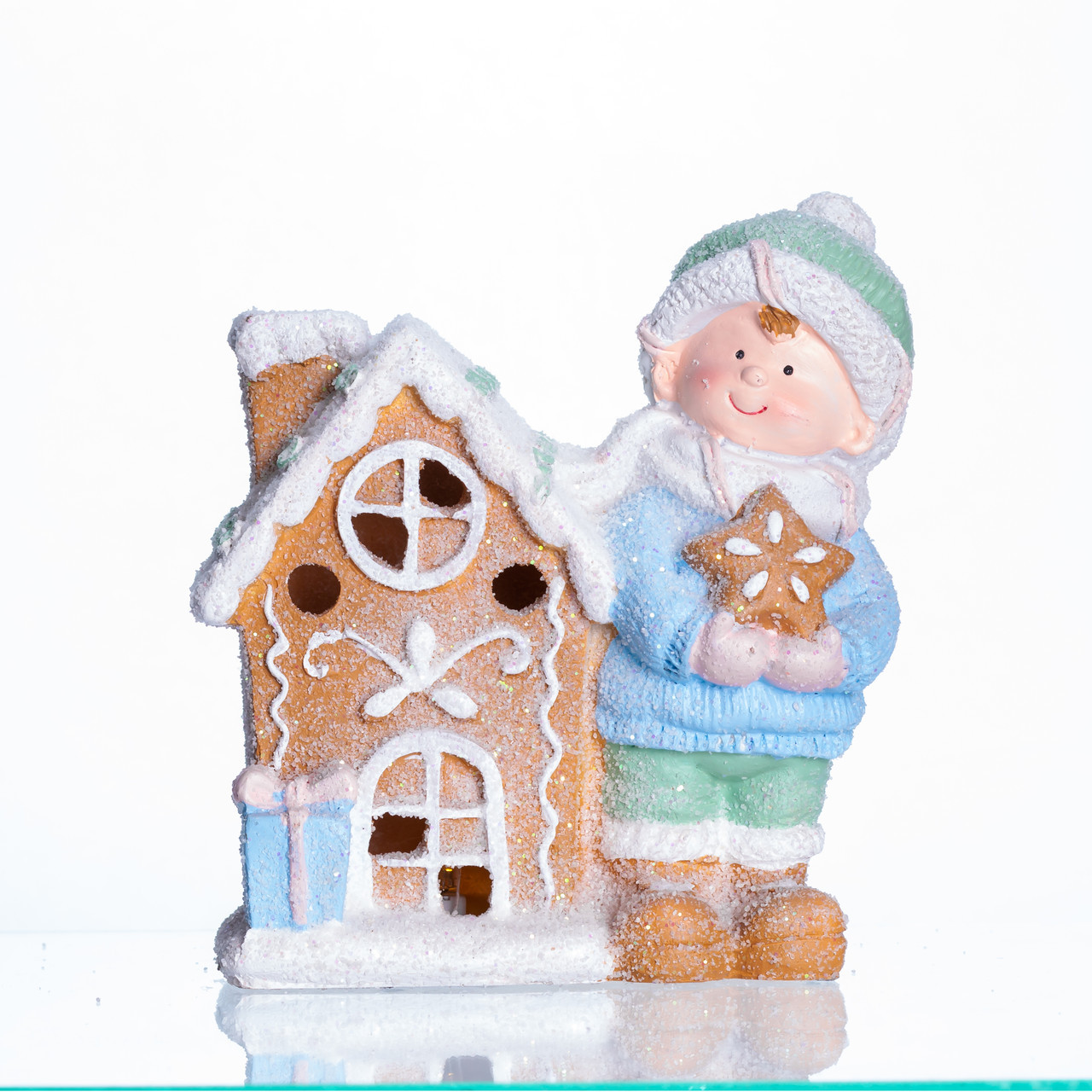 Новорічна декоративна фігурка з підсвіткою 15×8×16 см Новорічний декор Дитина з будиночком з порцеляни CR-6-3, фото 1