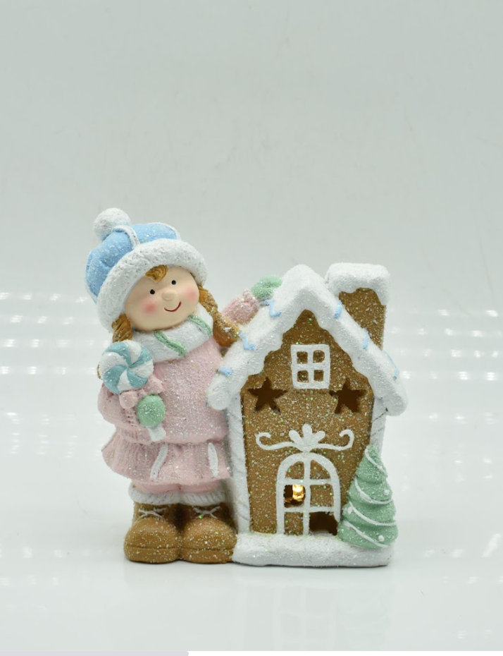 Новорічна декоративна фігурка з підсвіткою 15×8×16 см Новорічний декор Дівчинка з пряниковим будиночком із порцеляни CR-6-4, фото 1