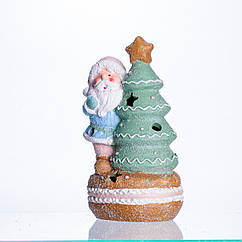 Новорічна декоративна фігурка з підсвіткою 11.5×9×20 см Новорічний декор Санта-Клаус з ялинкою з порцеляни CR-6-9