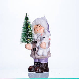 Новорічна фігурка з підсвіткою Дівчинка з ялинкою з фарфору 9×6×18 (см) новорічний декор для дому, квартири, офісу CR-5-4