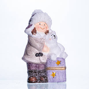 Новорічна фігурка з підсвіткою Дівчинка з ведмежам із фарфору 12×7×20 (см) новорічний декор для дому, квартири на подарунок CR-5-5