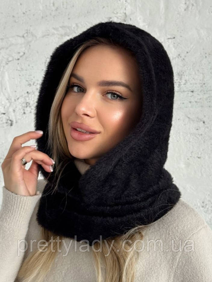 Жіночий капор Hestia з коміром з екохутра альпака чорний, фото 1