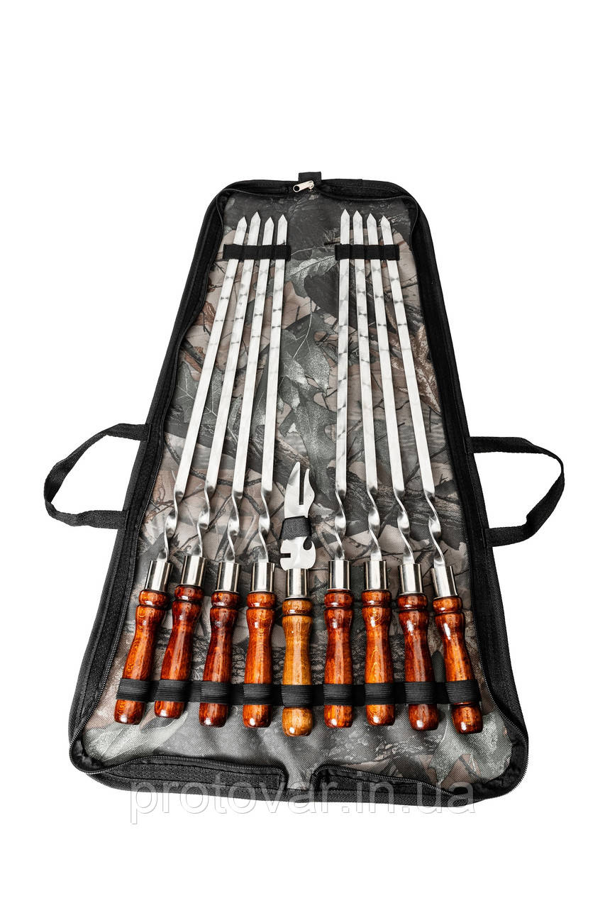 Набір шампурів Enot-6 Brown у сумці з дубовими ручками - 8 шампурів + вилка для м’яса