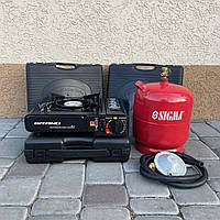 Комплект плита газова портативна з адаптером Grand ПГ-1 + газовий балон 5 Л (редуктор, шланг)