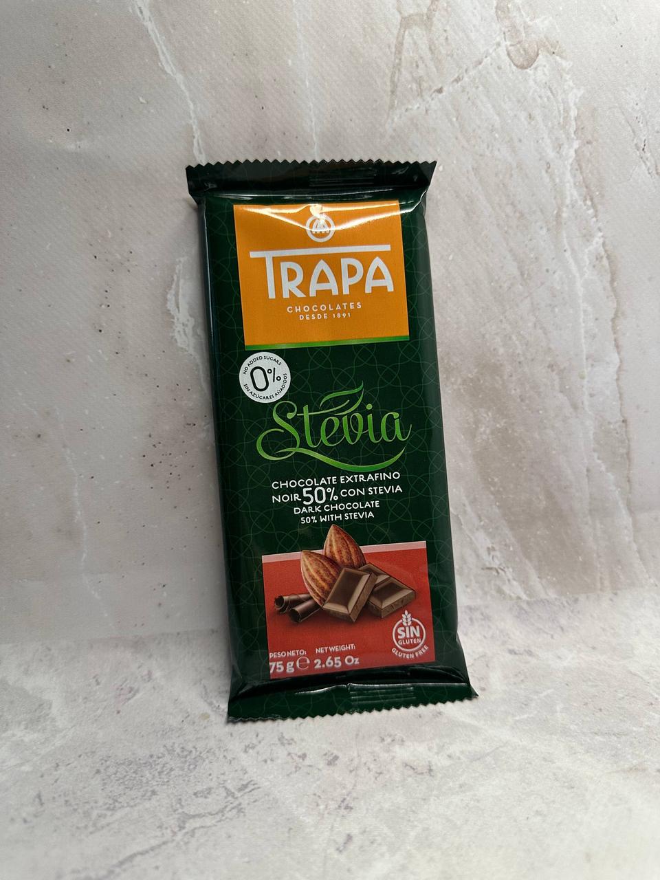 Чорний шоколад Trapa Stevia 50% без цукру, 75 г, фото 1