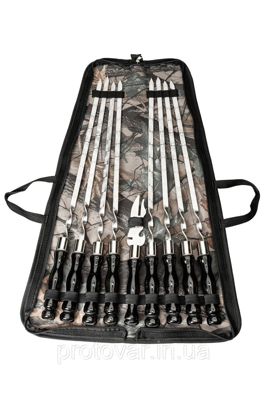 Набір Enot-6 Black у сумці - 8 шампурів з дерев’яними ручками + вилка для м’яса