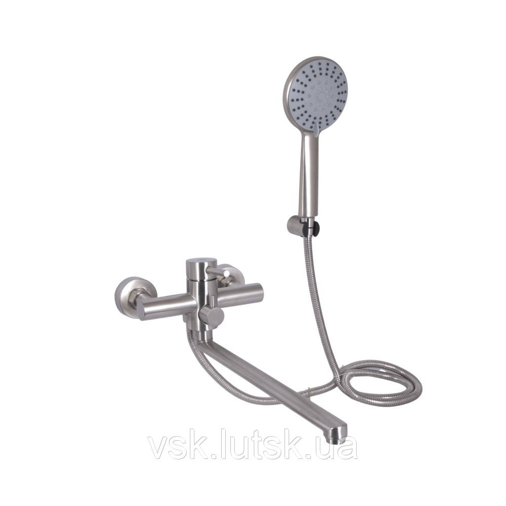 Змішувач для ванни Aria 005, Nickel (k35) здовгим поворотним виливом та душовимгарнітуром LDARI, фото 1