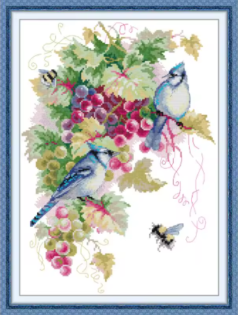 Набір для вишивання за нанесеною на канву схемою "Blue Jays and Grapes".AIDA 14CT printed , 32*43 см, фото 1
