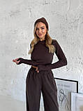 Жіночий коричневий теплий термокостюм "Лаунж" з трикотажу (лонг та широкі штани), фото 2