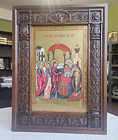 Аналойна ікона Двонадесяті свята в  темному фігурному кіоті, розмір 41*31, сюжет 20*30, 28 сюжетів