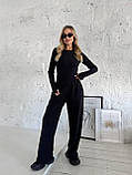 Жіночий чорний теплий термокостюм "Лаунж" з трикотажу (лонг та широкі штани), фото 2