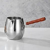 Турка для кави металева 700 мл кавоварка для варіння кави з нержавіючої сталі з дерев'яною ручкою срібляста