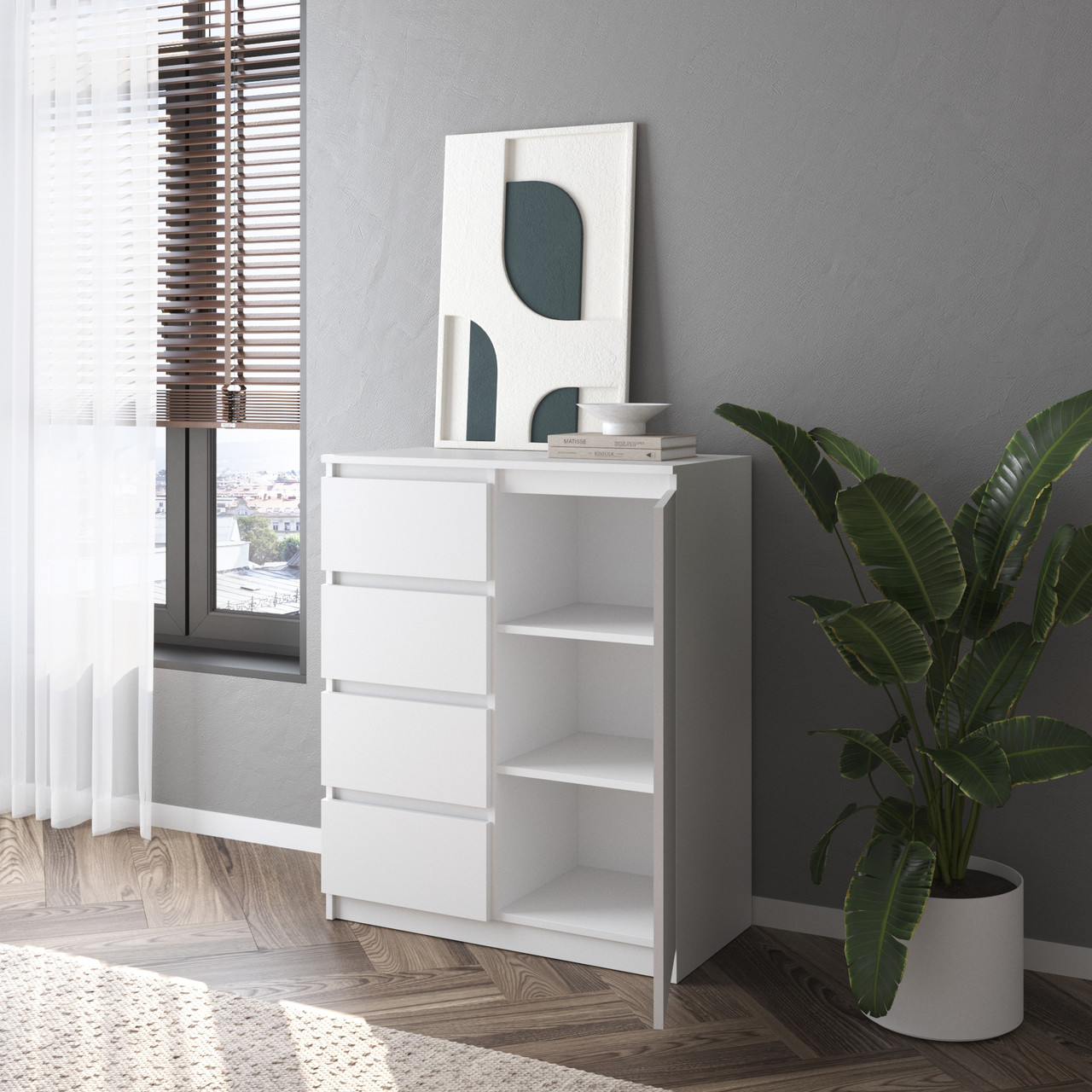 Сучасний комод з 3 закритими полицями та 4 висувними шухлядами з ДСП Тумба для речей 800 мм завширшки, фото 1