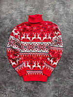 Свитер с оленями новогодний подарок, Вязаный свитер с оленями женский, Свитер новогодний праздничный под горло, Семейный свитер