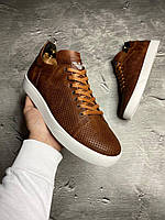 Мужской Armani Армани кеды кожаные перфорированные коричневые стильный фасон летний сезон