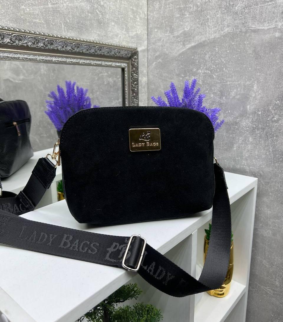 Жіноча сумка кросбоді на широкому ремені сумочка чорна натуральна замша+шкіра