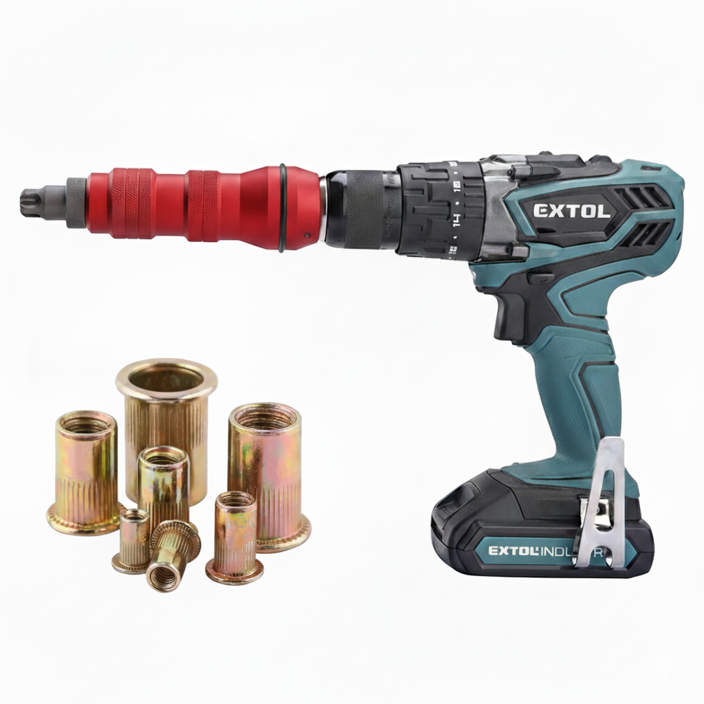 Перехідник для різьбових заклепок — насадка на дриль з комплектом головок M3–M10 у пластиковому кейсі