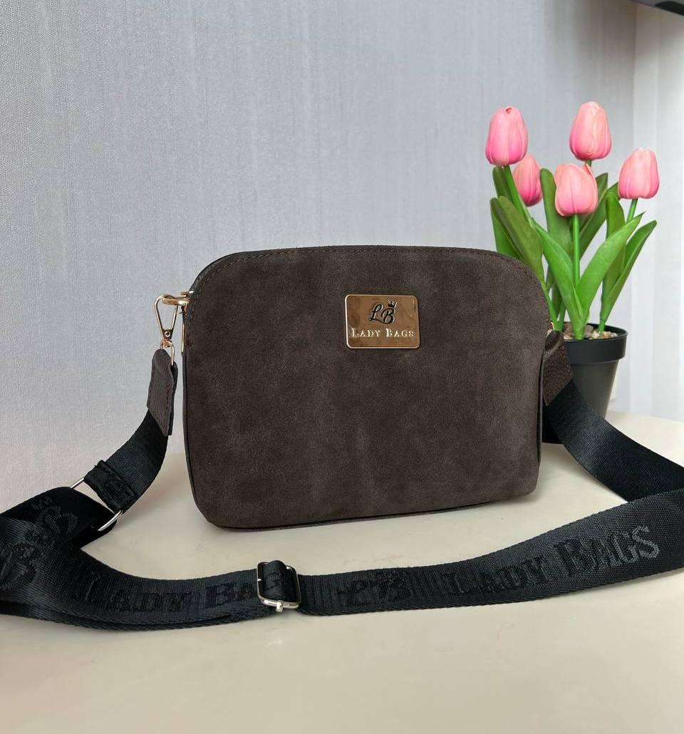 Жіноча сумка кросбоді на широкому ремені сумочка коричнева натуральна замша+шкіра