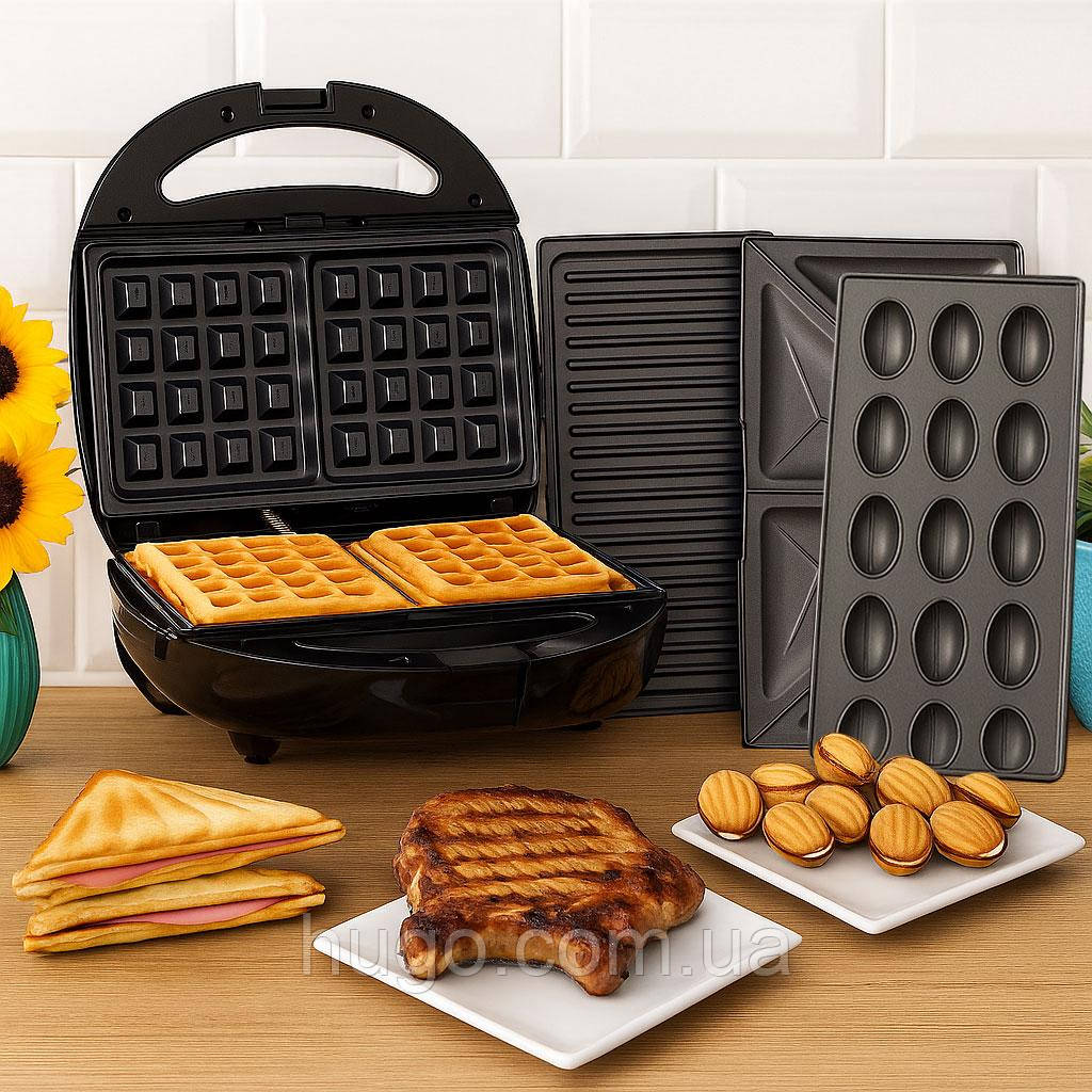 Сендвічниця 4в1, 1000Вт,  DOMOTEC MS-7704 / Вафельниця / Гриль / Горішниця / Бутербродниця, фото 1