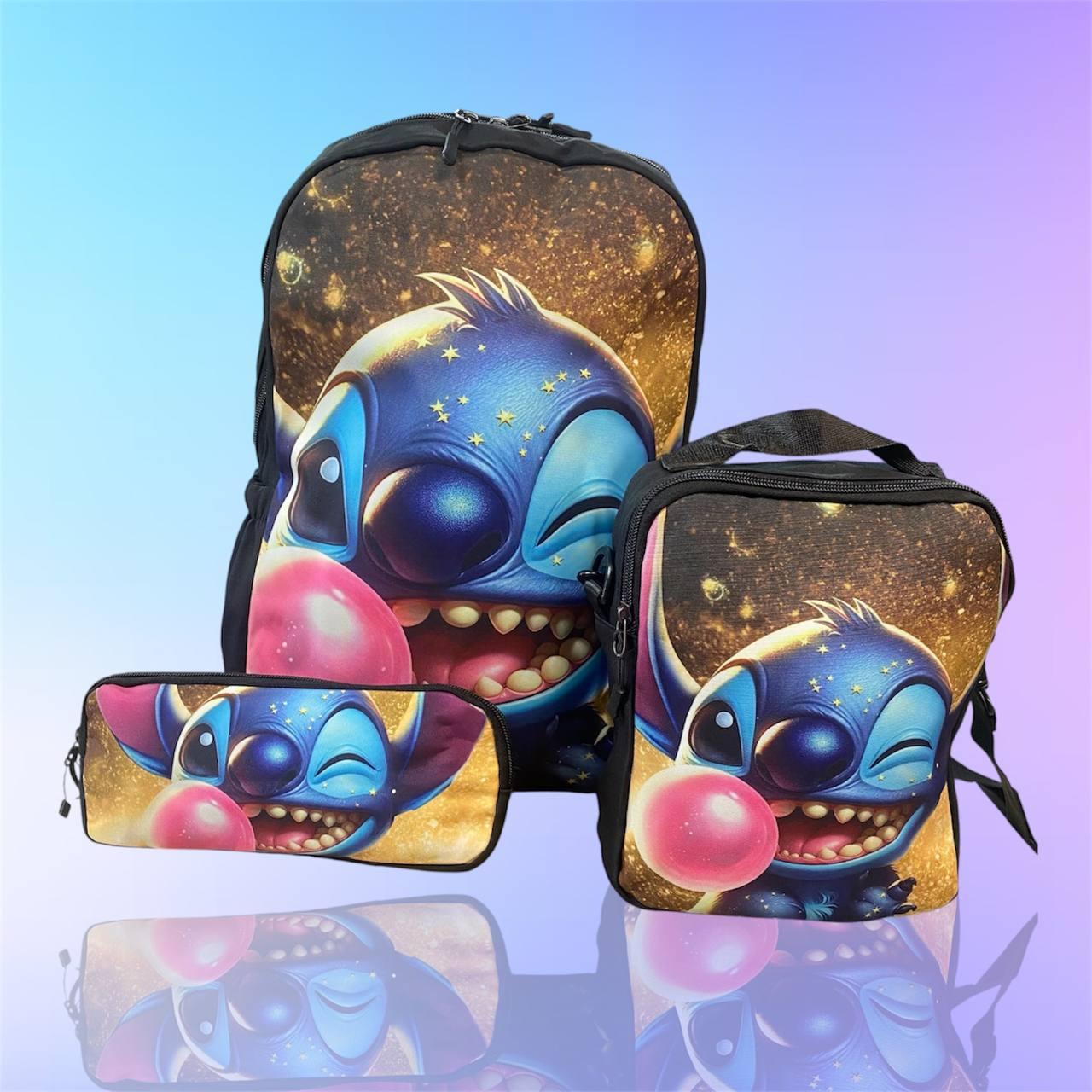 💙Набір 3в1 "Стіч з жуйкою": дитячий рюкзак з яскравим принтом, сумка та пенал, для хлопчика та дівчинки, Чорний, фото 1