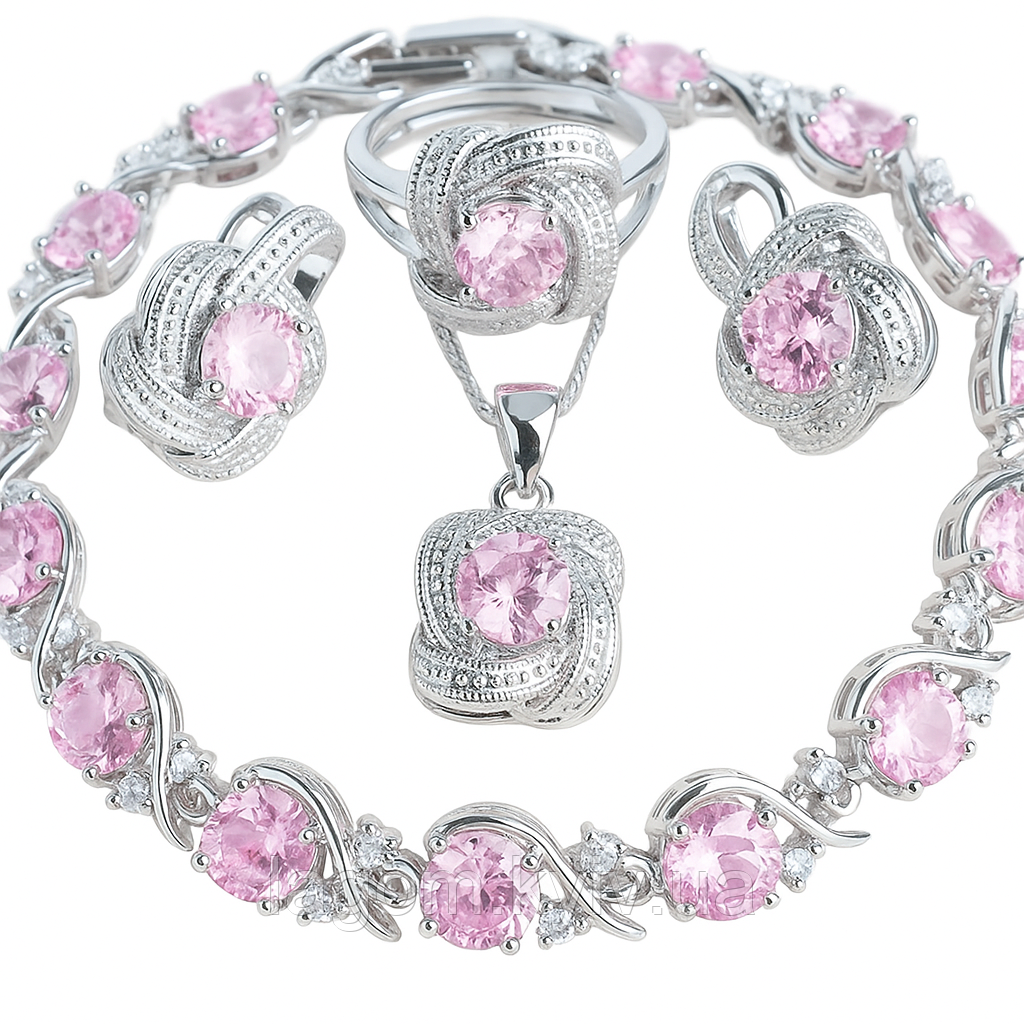 Комплект срібрих прикрас APHRODITE з рожевим цирконієм, срібло 925 проби сережки, намисто, каблучка і браслет, фото 1