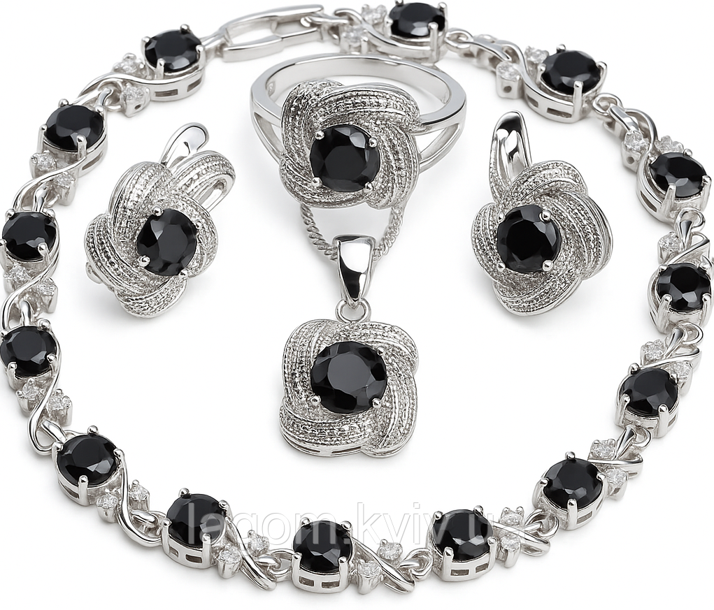 Комплект срібних прикрас APHRODITE з чорним цирконієм, срібло 925 проби сережки, намисто, каблучка і браслет, фото 1