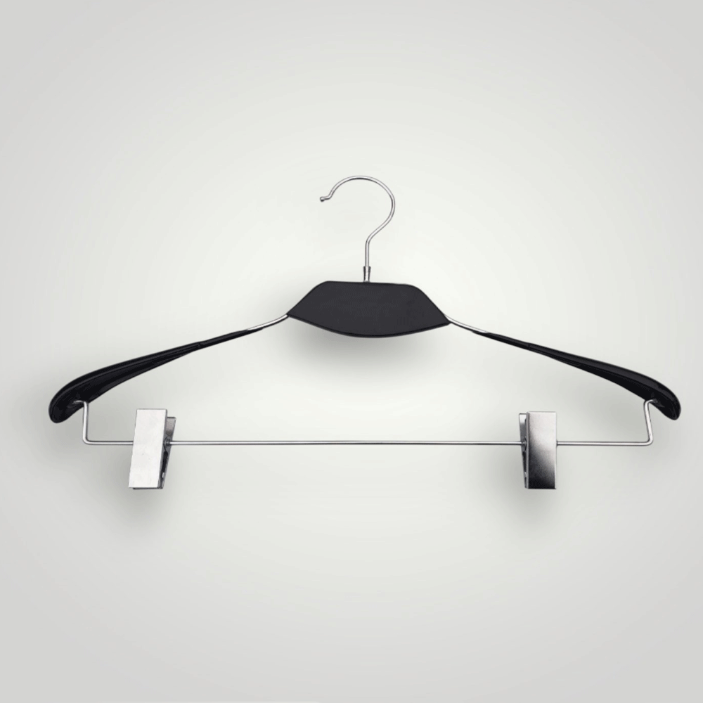 Вішачки плечики з прищіпками 40 см з чорною деревянною вставкою тремпеля металеві в силіконі чорні упаковка 5 шт, фото 1