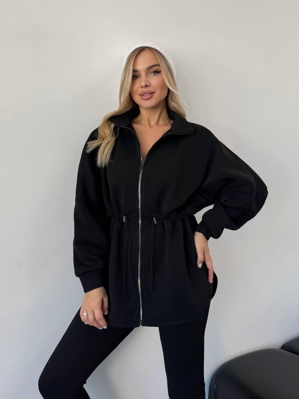 Чорна жіноча тепла оверсайз толстовка/кофта на флісі з регульованою талією, фото 1