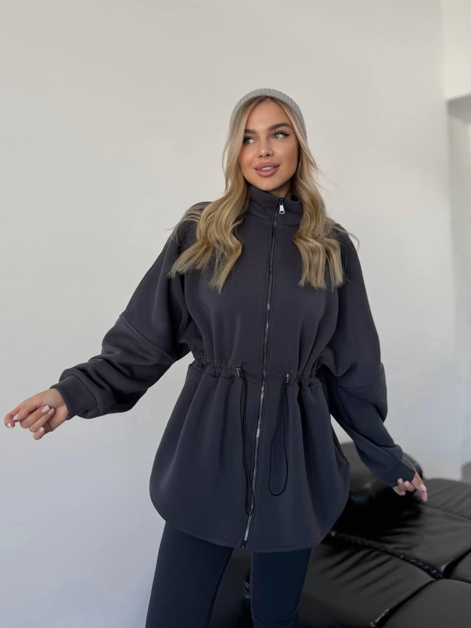 Графітова жіноча тепла толстовка/кофта на флісі з регульованою талією, фото 1