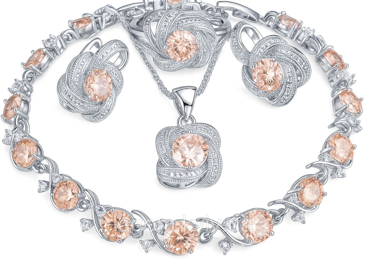 Комплект срібних прикрас Aphrodite з цирконієм Шампань срібло 925 проби сережки, намисто, каблучка і браслет, фото 1