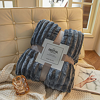 Плед покривало штучна овчина 200х220 двосторонній дуже теплий плед полоска на диван євро розмір колір графіт