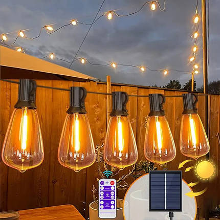Світлодіодна гірлянда 10 м, 25 LED ламп, тепле біле світло, на сонячній батареї з пультом керування, енергоощадна, фото 1