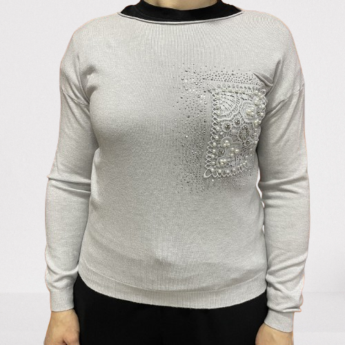 Светр жіночий тонкий джемпер перли світлий святковий М сірий, фото 1