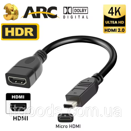 Кабель перехідник 0.25м HDMI (мама) - micro HDMI (тато) для монітора, ноутбука, Raspberry Pi 5/Pi 4, GoPro Hero 7 6, Sony A6000, фото 1