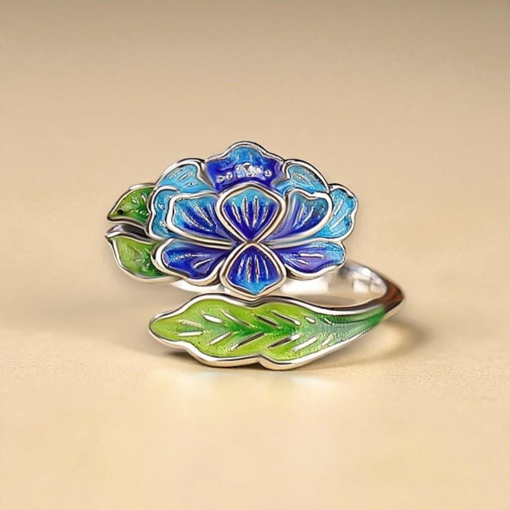 Каблучка срібляста жіноча у вигляді квітки зеленого лотоса покрита емаллю регульована IgnisFlos713, фото 1