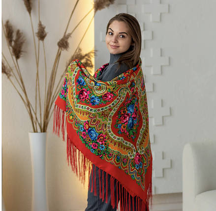 Велика червона народна хустка Вінець Квітів, фото 1