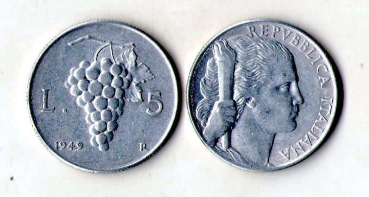 Італія 5 лір, 1949 рік  Алюміній, 2.5g, ø 26.7mm №2808, фото 1