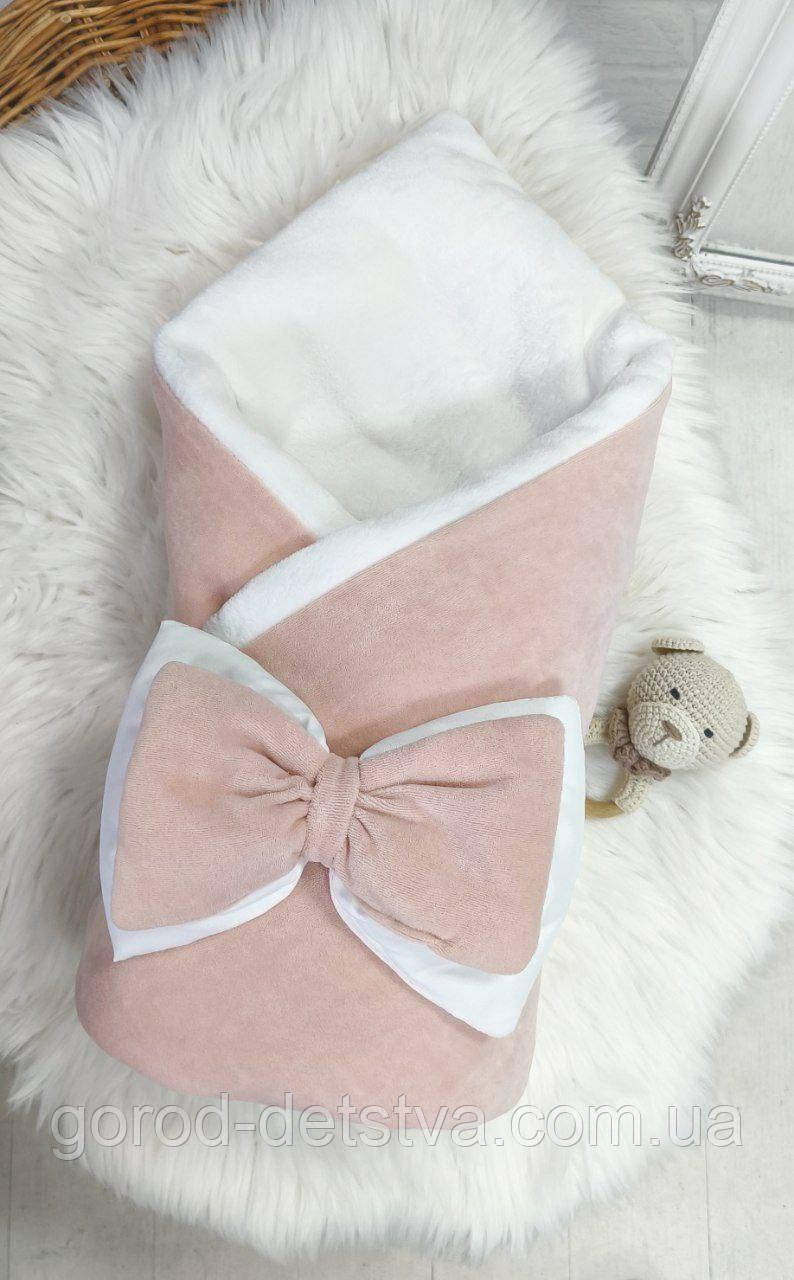 Зимовий велюровий конверт на виписку конверт-плед трансформер з бантом на гумці, фото 1