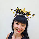 Новорічна корона 2025. Золотисто-чорна новорічна корона із зірками Гламурний аксесуар для дорослих дівчат, фото 4