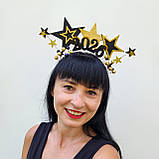 Новорічна корона 2025. Золотисто-чорна новорічна корона із зірками Гламурний аксесуар для дорослих дівчат, фото 3